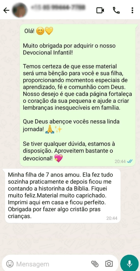 Print de depoimento de cliente no WhatsApp